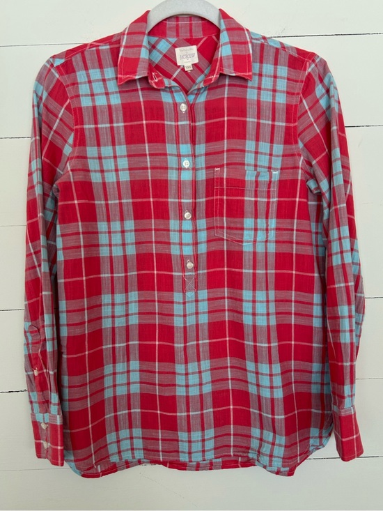 J. Crew Tops - J. Crew Womens Red and Light Blue Plaid Button-Down Shirt, 100% Cotton Size XXS